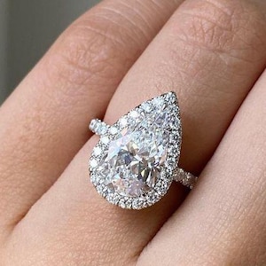 4CT Pear Shaped Moissanite Ring 14K White Gold Ring Halo Vintage Engagement Ring Unique Art Deco Wedding Ring Bridal Ring For Women