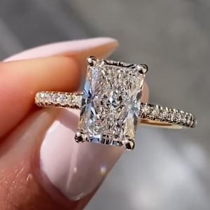 4 Ct Radiant Cut Moissanite Ring Radiant Classic Prong Ring Engagement Ring 14K Solid Gold Bridal Pave and Hidden Halo Wedding Ring For Her
