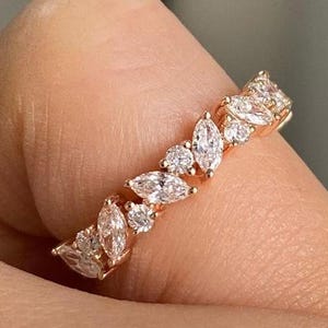 Marquise And Round Half Eternity Band, 14K Solid Yellow Gold, Half Eternity Band, Marquise Wedding Band Christmas Gift for Her