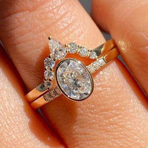 2Ct Oval Cut Bezel Set Moissanite Bridal Ring Set 14k Solid Gold Oval Cut Solitaire Ring Bezel Set With unique Eternity Matching Wedding Set