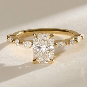 3 CT Cushion Cut Antique Moissanite Diamond Side Marquise And Round Diamond Ring Pave Set Women Ring Cushion Engagement Ring Wedding Ring