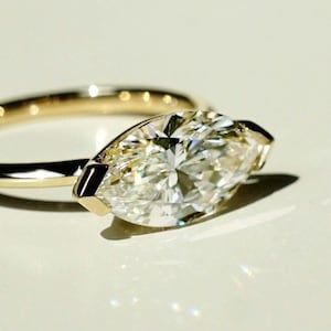 East West 2 CT Marquise Cut Moissanite Diamond Half Bezel Solitaire Engagement Ring 14K Yellow Gold Dainty Wedding Ring Unique Proposal Ring