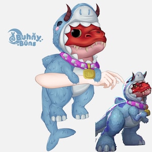 Puede incluir: Una ilustración digital de una criatura roja con un disfraz de tiburón azul con capucha, cuernos y un collar rosa con una etiqueta dorada que dice Jeff. La imagen incluye el logotipo con el texto Bunny Buns y una vista de cuerpo completo.