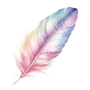 May include: A single, colorful feather with a gradient of pink, yellow, blue, and purple. The feather is soft and fluffy with a delicate, feathery texture.