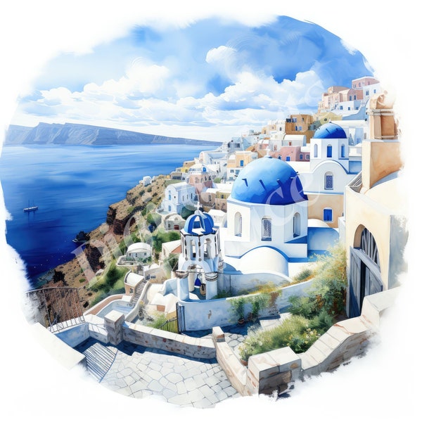 Santorini, Greece Clipart - Mediterranean Island Clipart - JPGs - Instant Digital Download - Printable Wall Art, Digital Planner