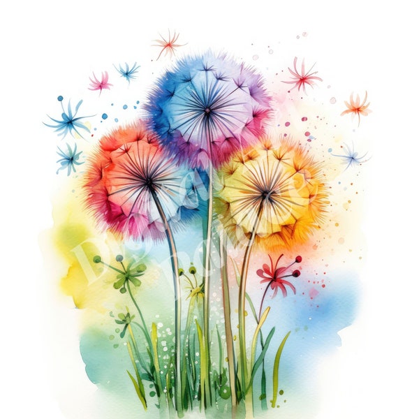 Dandelion Clipart Bundle - Rainbow Watercolor Dandelion Clipart - JPGs - Instant Digital Download - Printable Wall Art, Digital Planner