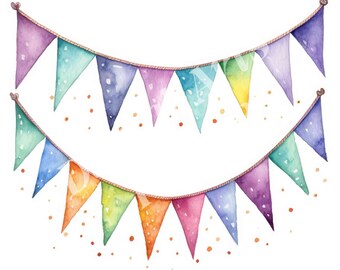 Bunting Clipart Bundle - Birthday Watercolor Clipart - JPGs - Instant Digital Download - Printable Wall Art, Digital Planner, Junk Journals