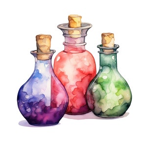 Puede incluir: Tres botellas de vidrio con tapones de corcho, llenas de líquidos coloridos. Las botellas son de color morado, rojo y verde.