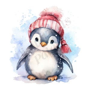 Penguin Clipart, Penguin Christmas Acuarela, JPG, Descarga digital instantánea, Arte de pared imprimible, Diarios basura, Scrapbooking, Fabricación de tarjetas