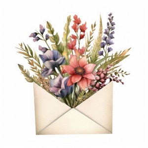 封筒に入った花のクリップアート、水彩画の花のクリップアート、JPG、インスタントデジタルダウンロード、印刷可能なウォールアート、ジャンクジャーナル、カード作成
