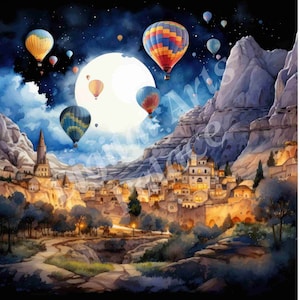 Cappadocia, Turkey Scenery Clipart Bundle, Hot Air Balloon Clipart - JPGs - Instant Digital Download, Printable Wall Art, Digital Planner