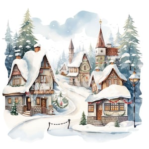 Winter Village Clipart, Christmas Village Clipart, JPGs, Instant Digital Download, Printable Wall Art, Digital Planner, Card Making