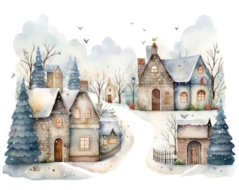 May include: A watercolor painting of a snowy village with houses, trees, and a winding path. The houses are painted in shades of gray and brown, with snow-covered roofs. The trees are a mix of evergreens and deciduous trees, all covered in snow. The path is winding through the village, leading to a small clearing in the distance.