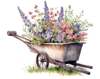 Flora Schubkarre Clipart, Aquarell Blumen Clipart, JPGs, sofortiger digitaler Download, druckbare Wandkunst, digitaler Planer, Kartenherstellung