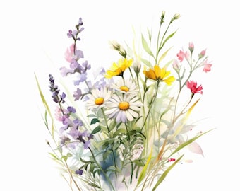 May include: A watercolour painting of a bouquet of wildflowers, including daisies, lavender, and pink flowers. The flowers are arranged in a loose, natural style, and the background is a soft, watercolour wash.