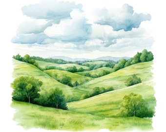 Green Hills Clipart, Landscape Clipart, JPGs, Instant Digital Download, Printable Wall Art, Junk Journals, Scrapbooking, Card Making