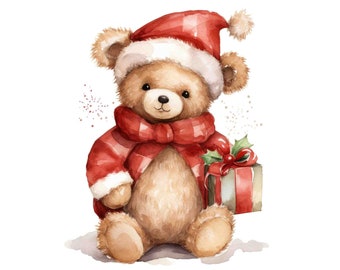 Teddy Bear Clipart - Christmas Teddy Bear Clipart - JPGs - Téléchargement numérique instantané - Art mural imprimable, Planificateur numérique, Journaux indésirables