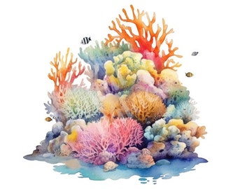 Imágenes prediseñadas de arrecife de coral, imágenes prediseñadas submarinas coloridas, JPG, descarga digital instantánea, arte de pared imprimible, diario basura, fabricación de tarjetas, álbumes de recortes