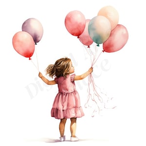 Mädchen und Luftballons Clipart, Luftballons Clipart, JPGs, sofortiger digitaler Download, druckbare Wandkunst, digitaler Planer, Junk Journals, Kartenherstellung