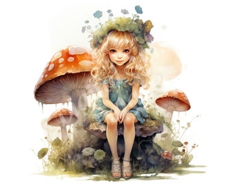 May include: A young girl with blonde hair and a floral crown sits on a large mushroom with a red and white cap. She is wearing a blue dress and has a sweet expression on her face. The scene is set in a whimsical forest with other mushrooms and greenery.