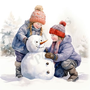Kids and Snowman Clipart, Winter Kids Clipart, JPGs, Instant Digital Download, Printable Wall Art, Junk Journals, Card Making, Scrapbooking