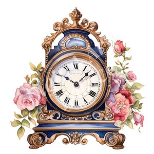 May include: A vintage-style clock with Roman numeral markings on the face, surrounded by a floral arrangement of pink and red roses. The clock has a blue and gold finish with ornate details.