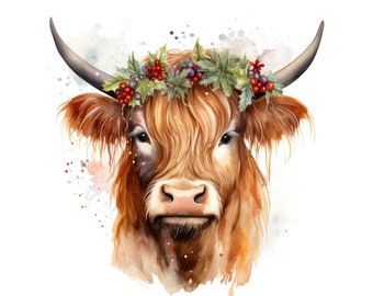 Christmas Highland Cow Clipart, JPGs, Instant Digital Download, Printable Wall Art, Digital Planner, Card Making, Scrapbooking, Paper Crafts