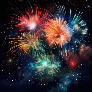 Può includere: Uno spettacolo di fuochi d'artificio colorati che esplodono nel cielo notturno. I fuochi d'artificio sono rossi, arancioni, gialli, verdi, blu e bianchi. I fuochi d'artificio sono su uno sfondo di cielo blu scuro con stelle.