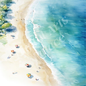 May include: A watercolour painting depicting a beach scene with turquoise water, white sand, and colourful umbrellas. People can be seen relaxing on the beach.