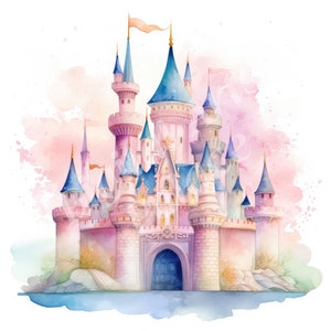 Prinzessin Schloss Clipart, Pastell Aquarell Schloss Clipart, JPGs, sofortiger digitaler Download, druckbare Wandkunst, digitaler Planer, Scrapbooking