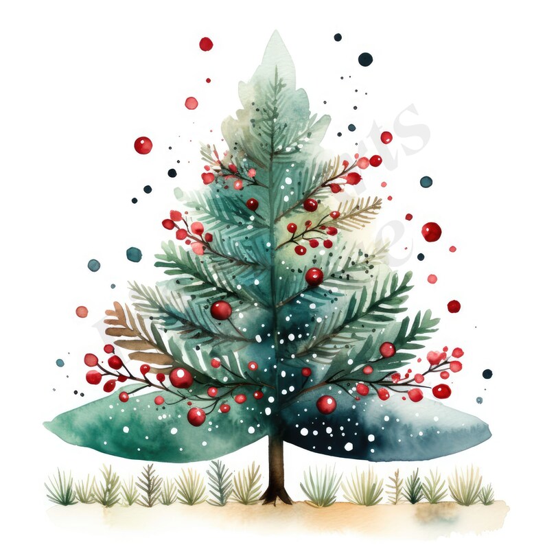 Christmas Tree Clipart, Watercolor Christmas Clipart, Jpgs, Instant