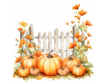 Pumpkin Fence Clipart - Fall Floral Fence Clipart - JPGs - Instant Digitale Download - Afdrukbare Wall Art, Digitale Planner, Junk Journals