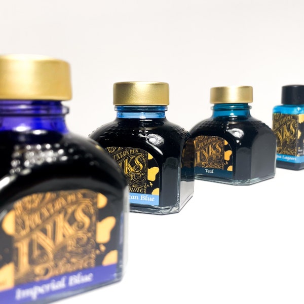 Diamine Blautöne Tinte für Füllhalter - Regular glass Bottle und Tintenproben - Farben: Teal, Imperial Blue, Aqua Lagoon, Mediterranean Blue