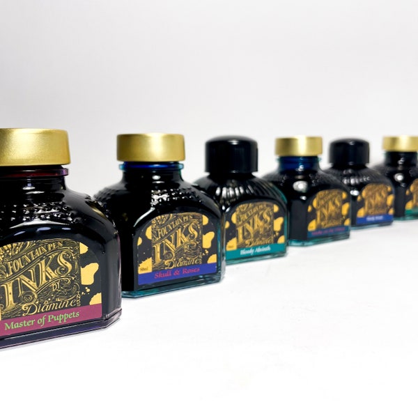 Diamine Sheen Inks - inkwell and ink samples - colors: Skull & Roses, November rain, Bloody Absinthe, Bloody Brexit, Master of Puppets
