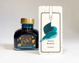 Aurora Borealis Diamine Sheen Inkt - Teal + lichtrode glans, inktmonster en inktpot