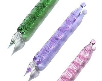 Glass dip pen Japan - calligraphy, ink testing - Green, Purple, Pink - ripple design - with gift box