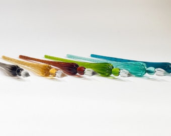 Plume en verre/stylo en verre – Calligraphie, test d'encre – turquoise, transparent, vert, jaune doré et bien plus encore. Couleurs