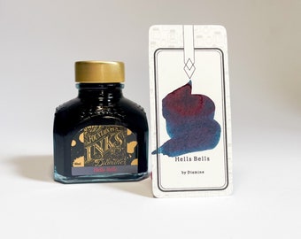 Hells Bells Diamine Sheen Ink - Teal/blue + red sheen, Tintenprobe und Tintenfass - German market Exclusive