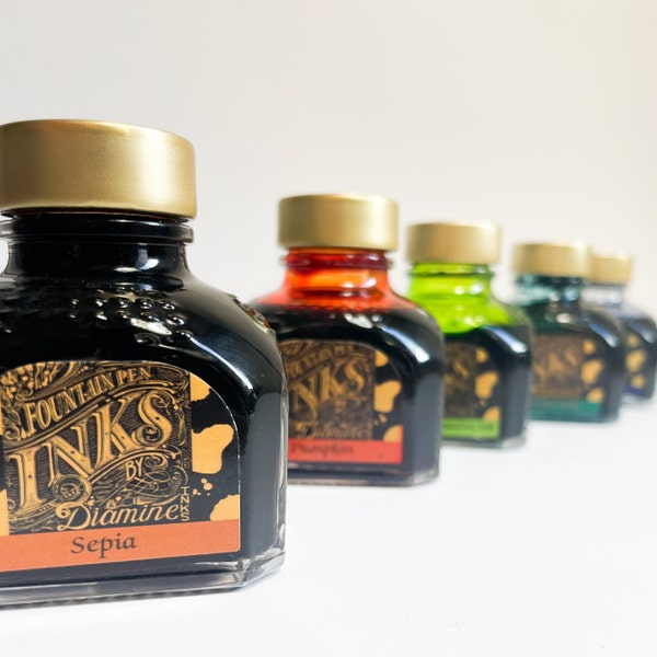 Diamine ink for fountain pens / regular/glass bottles and ink samples - colors: Pumpkin, Calligraphy Passion ink, Sepia, Tyrian Purple and much more.