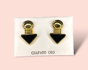 18k Gold-Plated, Gold with double or single Ferberite Black Gemstone or droplet Style Clip-on Earrings Handmade in Spain