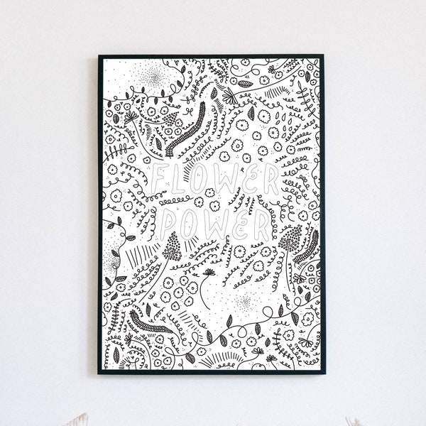 Flower Power Design with illustrated floral arrangements and abstract elements in a printable black and white design for wall decor and art.