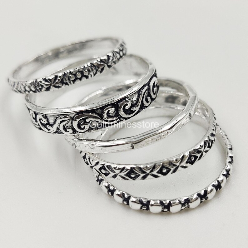Set of 5 Sterling Silver Ring, Assorted Pattern Rings, Dotted Rings