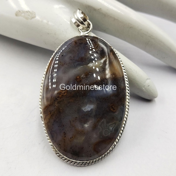 Oval Shape Dendritic Agate Pendant, 925 Sterling Silver Pendant, Big Agate Pendant, Dendritic Agate Pendant, Gemstone Pendant, Gift for Him