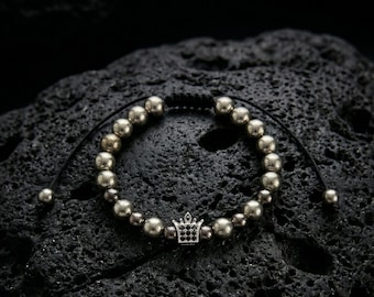 Men's Crown Bracelet, Silver Black Metallic Beads, Adjustable Macrame Jewelry