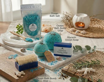 Ocean Breeze Spa Set: Loofah Soap, Bath Bombs, Bath Salt (Handcrafted)
