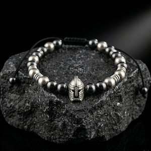 Spartan Gladiator Helmet Bracelet, Silver Warrior Beads, Adjustable Cord Jewelry