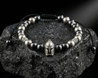 Spartan Gladiator Helmet Bracelet, Silver Warrior Beads, Adjustable Cord Jewelry