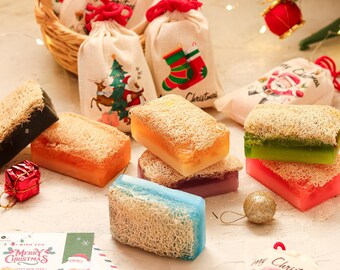 Loofah Soap Christmas Gift Set: Handmade Exfoliating Vegan Soap with Pouch and Card