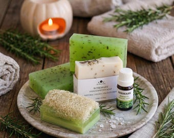 Rosemary Hair and Scalp Care Set, Loofah Soap, Cold Process, Glycerin Bars, Natural Oil