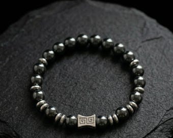 Men's Hematite Bracelet, Greek Key Bead, Natural Stone, Minimalist Jewelry